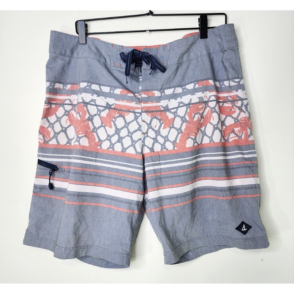 Sperry Boardshorts Mens 36 Gray Pink Lobster Drawstrings Swim Trunks Surfing